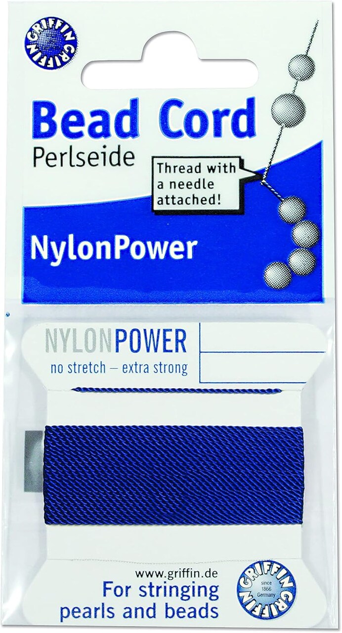 Griffin Nylon Bead Cord Perlseide – Size 8 (0.80mm) – 2 Meters per Card – Stainless Steel Needle Attached – for Knotting Pearls, Gemstones, Crystals and Beads
